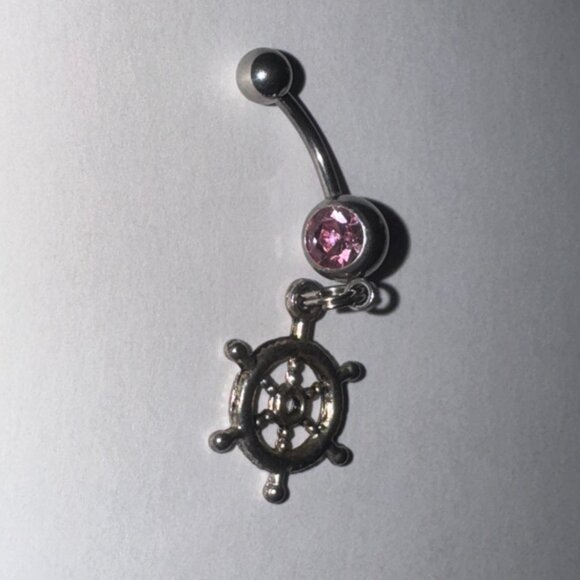 Pink Gem Nautical Wheel Design Dangle Belly Ring - Picture 4 of 12